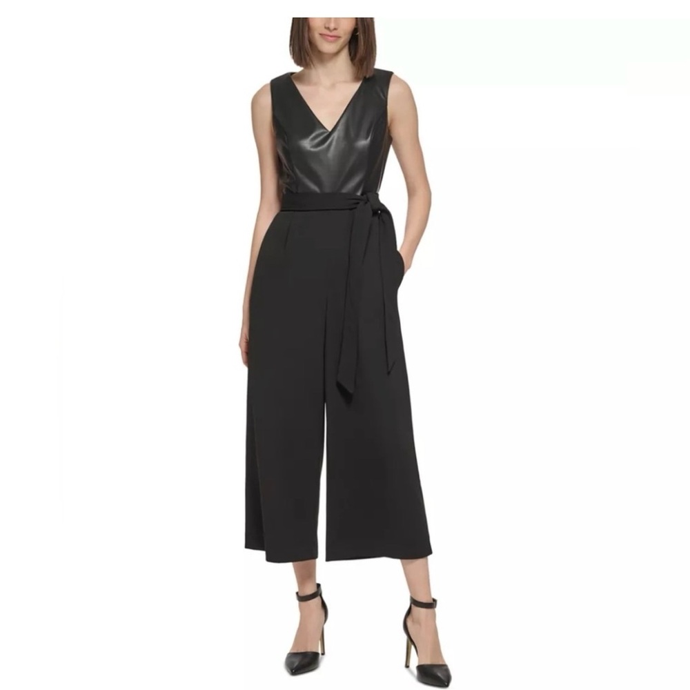 Calvin Klein Black Faux-Leather Bodice Wide-Leg Jumpsuit with Self-Tie Waist